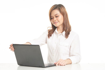 Office Lady In White Shirt using Laptop and File 