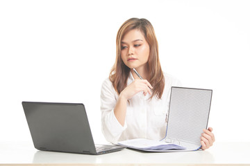 Office Lady In White Shirt using Laptop and File 