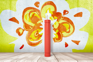 3d rendering of red dynamite stick on white wooden floor with a cartoon explosion drawn on the background