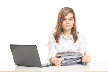 Office Lady In White Shirt using Laptop and File 