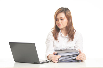 Naklejka premium Office Lady In White Shirt using Laptop and File 