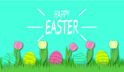 Happy Easter background with colorful eggs and tulips in bright green grass.