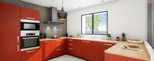 vue 3d panoramique cuisine rouge plus verrière 20-08