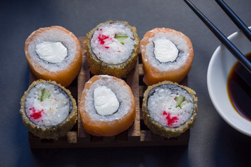 Sushi and tea are on the table, Japanese food.