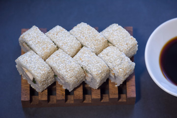Sushi and tea are on the table, Japanese food.