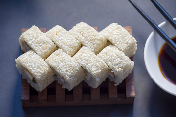 Sushi and tea are on the table, Japanese food.