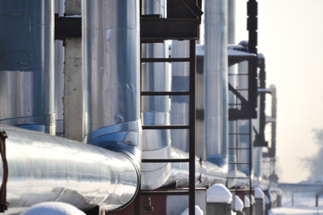 Pipelines, pipes. Abstract industrial background. Winter. Russia.