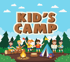 Children camping out in the park. Camping kids concept. Summer camp education advertising. vector illustration.