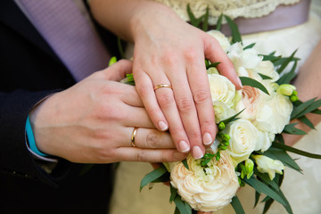 Bride and groom hands with wedding rings