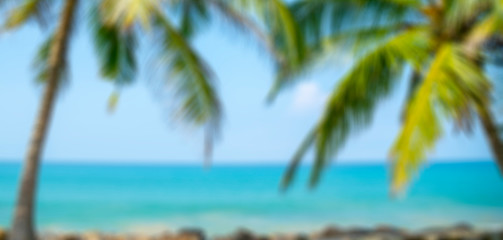 Fototapeta premium Beach, palm trees, sand, blue sky - a place for holidays and recreation. Soft focus background for lettering.