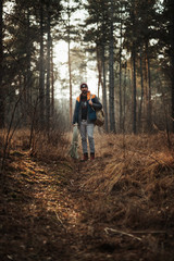 30-40 years old man hiker in the forest