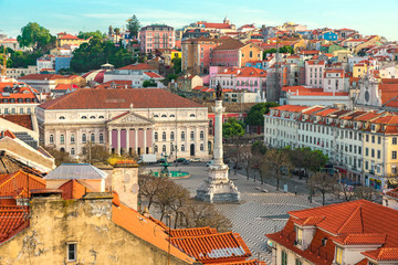 Naklejka na ściany i meble Lisbon, Portugal, view on Rossio square at sunrise