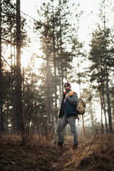 30-40 years old man hiker in the forest