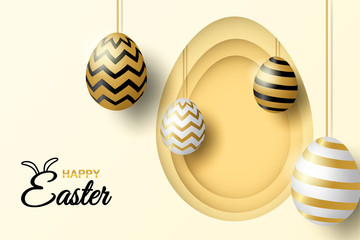 Happy easter celebration. golden,white easter egg on soft background ,light and shadow . Vector.