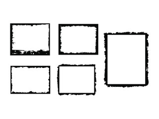 Set of black square grunge frames. Collection of geometric empty boundaries. Vector illustration.