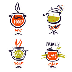 Family cafe logo set. Template design  insignia, label, sign for food regional family business.  Sketch vector illustration silhouette pot on fire