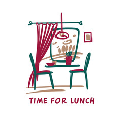 Time for lunch. Window view on park landscape. Free handdrawn style image with food on table in cafe, bistro, restaurant. Template design banner, poster, flyer for food business. Vector illustration
