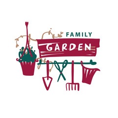 Freehand drawn vector logo with text Family Garden. Concept family farming, eco life. Template logotype for family rural house and farm business with garden accessory. Sketch vector illustration