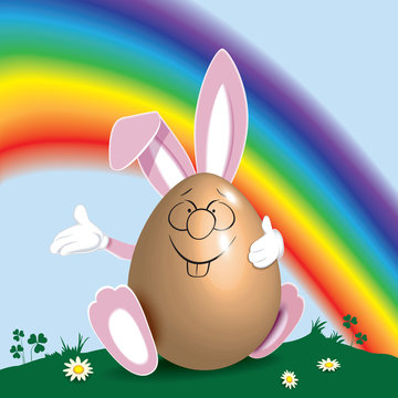 Cute pink Easter Bunny behind egg with a drawn face in landscape and rainbow on background