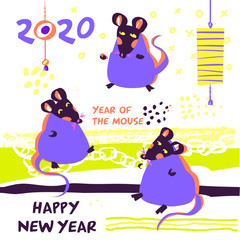 Fototapeta premium 2020 Mouse Happy New Year template greeting card, postcard, banner, poster, flyer. Winter holiday. Mouse, Rat horoscope sign. Chinese lunar calendar, year of Rat 2020. Hand drawn vector illustration