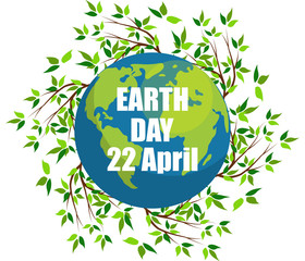 Planets and green leaves. April 22. Happy Earth Day. Earth Day card.