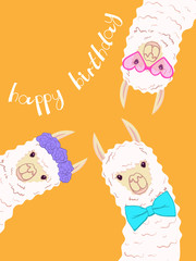 Cute llama, alpaca for poster, greeting, birthday card and party decor. Vector illustration