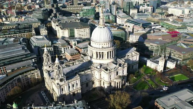 Aerial drone video of iconic Saint Paul landmark Cathedral in the heart of City financial district of London, United Kingdom