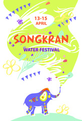 Template design for Songkran banner, poster, flyer advertising party traditional thai new year day. Thailand festival happy songkran. Cartoon image elephant. Vector illustration