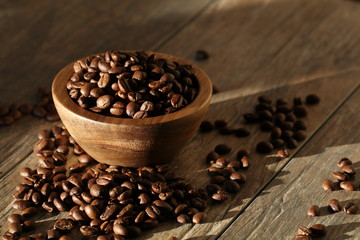 Coffee Beans In Wood Bowl With Sunlight
