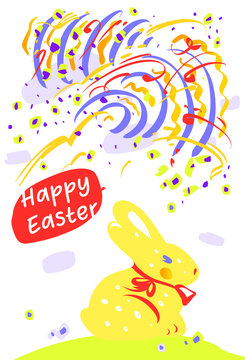 Concept image with rabbit for Happy Easter. Template sketch vertical banner, poster for celebration religion holiday. Vector illustration