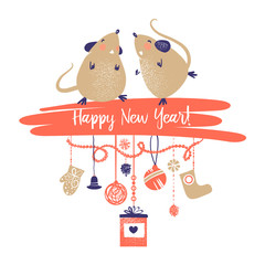 Happy new year 2020. Template banner, poster, flyer image for Happy new year party with rat, mice. Lunar horoscope sign mouse. Funny sketch mouse with long tail. Vector illustration