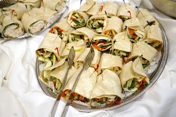 close up on wrap sandwich in the platter in banquet