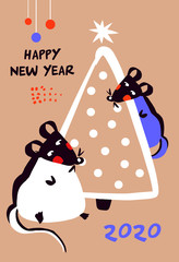 Happy new year party invitation, poster with rat, mice on background. Lunar horoscope sign mouse. Chinese Happy new year 2020. Silhouette two funny sketch mouse with color fir-tree