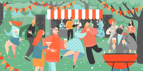 Garden party with people dancing and drinking wine. Cartoon characters having fun at a barbecue party