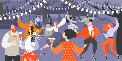 Retro garden party with people dancing and drinking wine. Cartoon characters having fun in the park at night. - obrazy, fototapety, plakaty