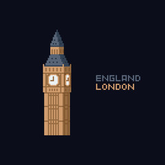 Pixel art vector illustation icon - United Kingdom England London symbol landmark, Big Ben tower. 8-bit. London. on dark blue background