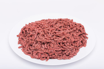 Top view of raw minced beef meat isolated on white