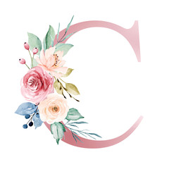 Floral alphabet, letter C with watercolor flowers and leaf. Monogram initials perfectly for wedding invitations, greeting card, logo, poster and other design. Hand painting. 