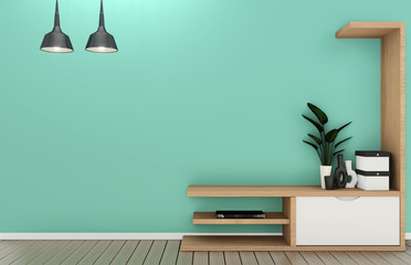 Tv cabinet design with mint wall on white wooden floor. 3d rendering