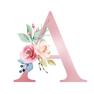 Floral alphabet, letter A with watercolor flowers and leaf. Monogram initials perfectly for wedding invitations, greeting card, logo, poster and other design. Hand painting. 