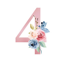 Number four with watercolor flowers roses and leaf. Perfectly for wedding invitation, greeting card, logo, poster and other floral design. Hand painting.  Isolated on white background.