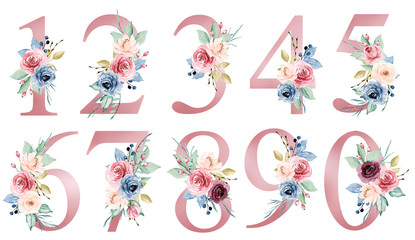 Number set with watercolor flowers roses and leaf. Perfectly for wedding invitations, greeting card, logo, poster and other floral design. Hand painting. Isolated on white background.