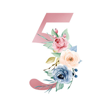 Number five with watercolor flowers roses and leaf. Vintage floral design perfectly for wedding invitations, greeting card, logo, poster and other. Hand painting. Isolated on white background.