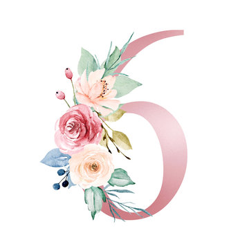 Number six with watercolor flowers roses and leaf. Perfectly for wedding invitations, greeting card, logo, poster and other design. Hand painting. Floral design isolated on white background.
