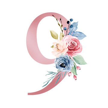 Number nine with watercolor flowers roses and leaf. Perfectly for wedding invitations, greeting card, logo, poster and other floral design. Hand painting. Isolated on white background.