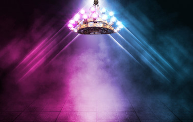 Empty scene background. Empty room with burning antique chandelier. Neon light smoke