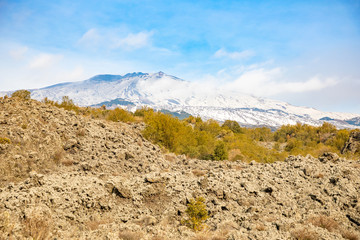Etna Volcano with smoke in winter, volcano landscape from Catania, Sicily island, Italy