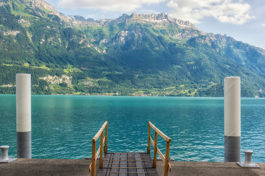 Wooden gangway at the marina in Oberried am Brienzersee, Switzerland
