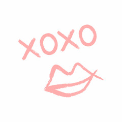 Handwritten text Xoxo and outlines of female lips drawn by hand with rough brush. Grunge, sketch, watercolor.