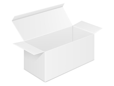 Vector realistic image (mock-up, layout) of blank open rectangular paper box. View in perspective. Isolated on white. The image was created using gradient mesh. Vector EPS 10.